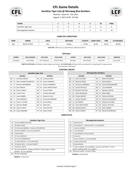 CFL Game Details Hamilton Tiger-Cats @ Winnipeg Blue Bombers Week #1 - Game #1 - Year 2021 August 5, 2021-20:30 - IG Field