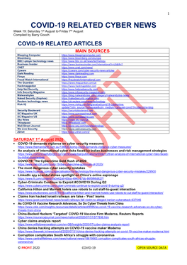 COVID-19 RELATED CYBER NEWS Week 19: Saturday 1St August to Friday 7Th August Compiled by Barry Gooch