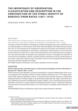 The Importance of Observation, Classification and Description in the Construction of the Ethnic Identity of Bunjevci from Bačka (1851–1910)