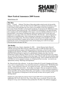 Shaw Festival Announces 2009 Season