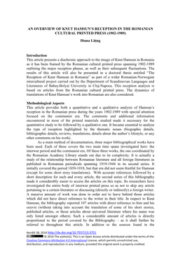 AN OVERVIEW of KNUT HAMSUN's RECEPTION in the ROMANIAN CULTURAL PRINTED PRESS (1902-1989) Diana Lățug Introduction This Arti