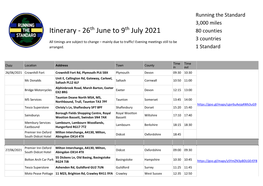 Itinerary - 26Th June to 9Th July 2021 80 Counties 3 Countries All Timings Are Subject to Change – Mainly Due to Traffic! Evening Meetings Still to Be Arranged