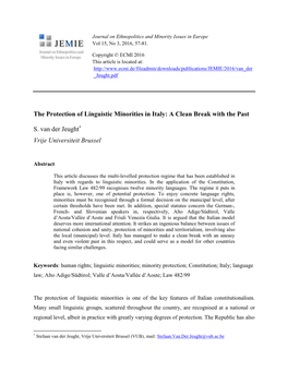 The Protection of Linguistic Minorities in Italy: a Clean Break with the Past S. Van Der Jeught* Vrije Universiteit Brussel
