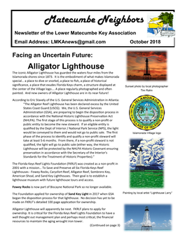 Matecumbe Neighbors Newsletter of the Lower Matecumbe Key Association Email Address: Lmkanews@Gmail.Com October 2018