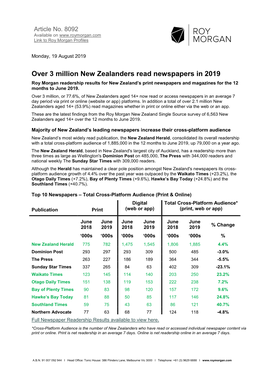Over 3 Million New Zealanders Read Newspapers in 2019 Roy Morgan Readership Results for New Zealand’S Print Newspapers and Magazines for the 12 Months to June 2019