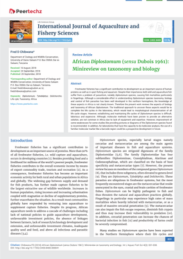 African Diplostomum (Sensu Dubois 1961): Minireview on Taxonomy and Biology