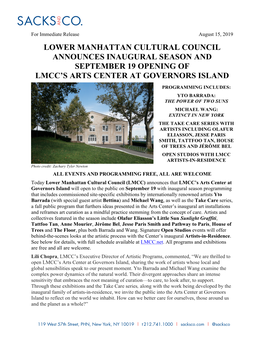 Lower Manhattan Cultural Council Announces Inaugural Season and September 19 Opening of Lmcc’S Arts Center at Governors Island