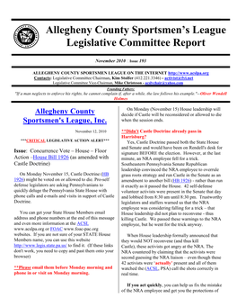 Allegheny County Sportsmen's League Legislative Committee Report