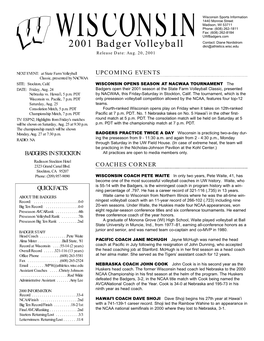 2001 Badger Volleyball Dkn@Athletics.Wisc.Edu Release Date: Aug