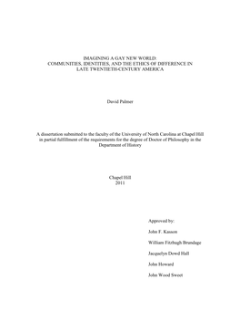 IMAGINING a GAY NEW WORLD: COMMUNITIES, IDENTITIES, and the ETHICS of DIFFERENCE in LATE TWENTIETH-CENTURY AMERICA David Palmer