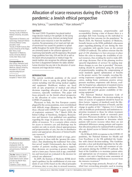 Allocation of Scarce Resources During the COVID-19 Pandemic: a Jewish Ethical Perspective Amy Solnica,1,2 Leonid Barski,3,4 Alan Jotkowitz3,4