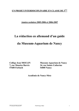 La Rédaction En Allemand D'un Guide Du Museum-Aquarium De Nancy