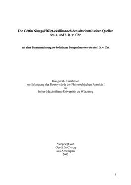 Die Göttin Ninegal/B¶Let-Ekallim Nach Den Altorientalischen Quellen Des 3