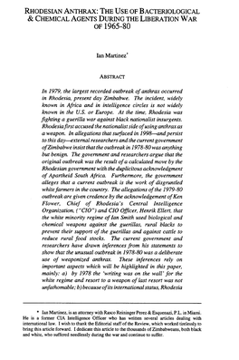 Rhodesian Anthrax: the Use of Bacteriological & Chemical Agents During the Liberation War of 1965-80