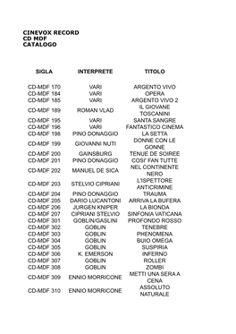 Cinevox Record Cd Mdf Catalogo Sigla Interprete