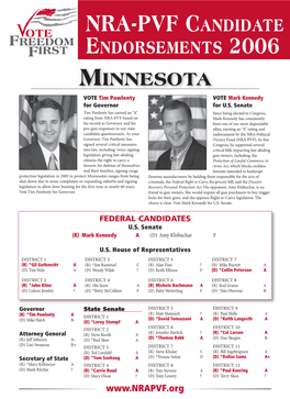 NRA-PVF CANDIDATE ENDORSEMENTS 2006 MINNESOTA VOTE Tim Pawlenty VOTE Mark Kennedy for Governor for U.S
