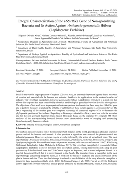 Integral Characterization of the 16S Rrna Gene of Non-Sporulating Bacteria and Its Action Against Anticarsia Gemmatalis Hübner (Lepidoptera: Erebidae)