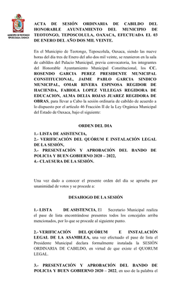 Acta De Sesión Ordinaria De Cabildo Del Honorable Ayuntamiento Del Municipio De Teotongo, Teposcolula, Oaxaca, Efectuada El 03