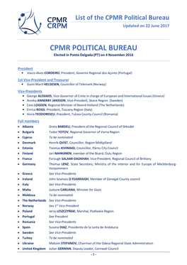 List of the CPMR Political Bureau Updated on 22 June 2017