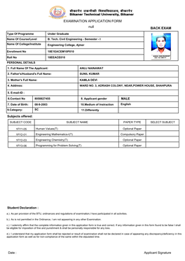 EXAMINATION APPLICATION FORM BACK EXAM Null