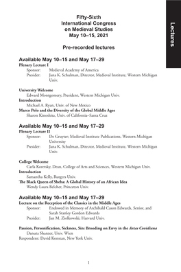 Lectures on Medieval Studies May 10–15, 2021