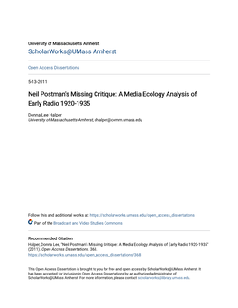 Neil Postman's Missing Critique: a Media Ecology Analysis of Early Radio 1920-1935