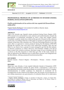 PROFESSIONAL PROFILES of ACTRESSES in SPANISH CINEMA DURING DEVELOPISM (1959-1975) Perfiles Profesionales De Las Actrices Del Ci