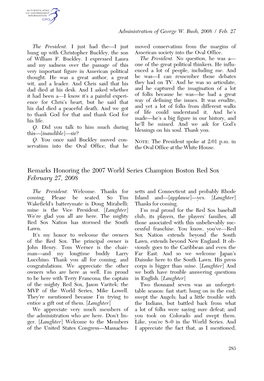 Remarks Honoring the 2007 World Series Champion Boston Red Sox February 27, 2008