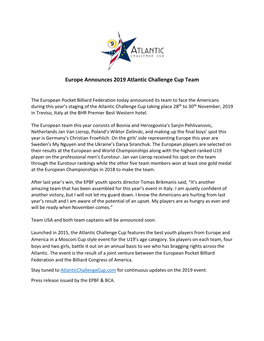 Europe Announces 2019 Atlantic Challenge Cup Team
