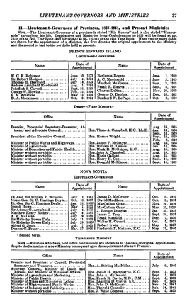 Lieutenant-Governors of Provinces, 1867-1941, and Present Ministries