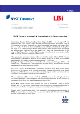NYSE Euronext Welcomes Lbi International to Its European Market