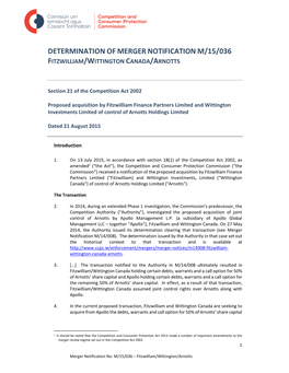 Determination of Merger Notification M/15/036 Fitzwilliam/Wittington