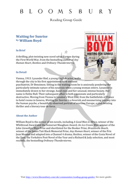 Reading Group Guide Waiting for Sunrise by William Boyd