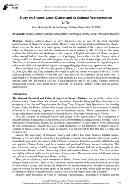 Study on Shaanxi Local Dialect and Its Cultural Representation Li Tie Xi’An University,School of Foreign Studies,Shaaxi Xi’An 710065