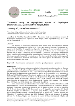 Taxonomic Study on Coprophilous Species of Coprinopsis (Psathyrellaceae, Agaricales) from Punjab, India