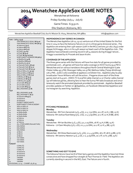 2014 Wenatchee Applesox GAME NOTES Wenatchee at Kelowna Friday-Sunday (July 4 - July 6) Game Times: 6:35 P.M