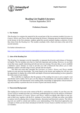 Reading List English Literature Version September 2019