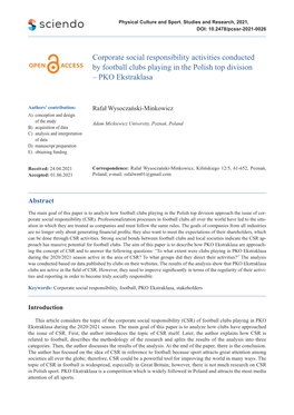 Corporate Social Responsibility Activities Conducted by Football Clubs Playing in the Polish Top Division – PKO Ekstraklasa