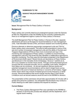 Peary Caribou Management Plan Was Submitted to the NWMB for Decision in 2014 but the Process Was Delayed Until the September, 2017 Regular Board Meeting