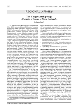 REGIONAL AFFAIRS the Chagos Archipelago – Footprint of Empire, Or World Heritage? – by Peter Sand*