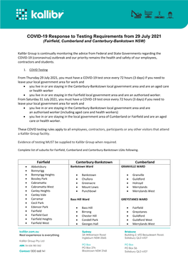 COVID-19 Response to Testing Requirements from 29 July 2021 (Fairfield, Cumberland and Canterbury-Bankstown NSW)