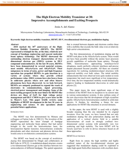 The High Electron Mobility Transistor at 30: Impressive Accomplishments and Exciting Prospects