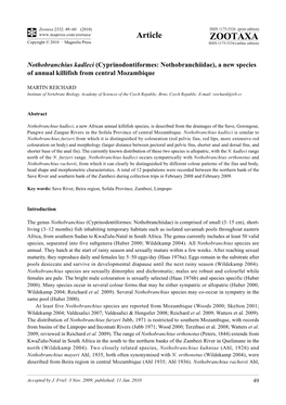 Zootaxa, Nothobranchius Kadleci (Cyprinodontiformes