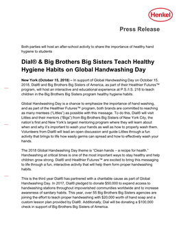 Press Release Dial® & Big Brothers Big Sisters Teach Healthy Hygiene Habits on Global Handwashing