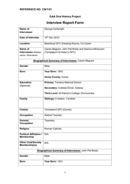 GAA Oral History Project Interview Report Form