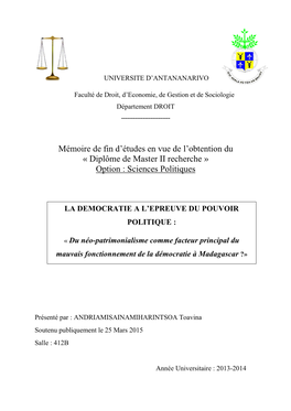 Mémoire De Fin D'études En Vue De L'obtention Du « Diplôme De Master II Recherche » Option : Sciences Politiques