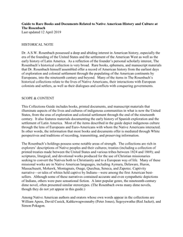 Guide to Rare Books and Documents Related to Native American History and Culture at the Rosenbach Last Updated 12 April 2019