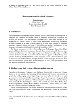 Noun Class Systems in Atlantic Languages 1. Introduction 2. the Languages, Their Genetic Affiliation, and the Sources