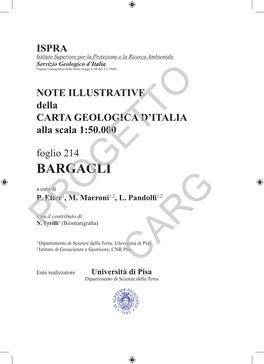 Progetto CARG (Legge 67/88) Tramite Convenzione Tra Il Servizio Geologico Nazionale E Il Dipartimento Di Scienze Della Terra Dell’Università Di Pisa