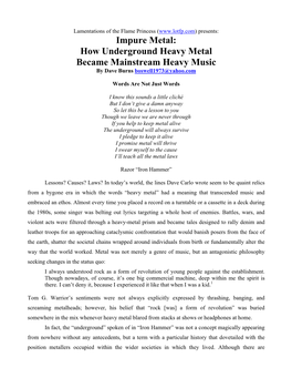 How Underground Heavy Metal Became Mainstream Heavy Music by Dave Burns Boswell1973@Yahoo.Com